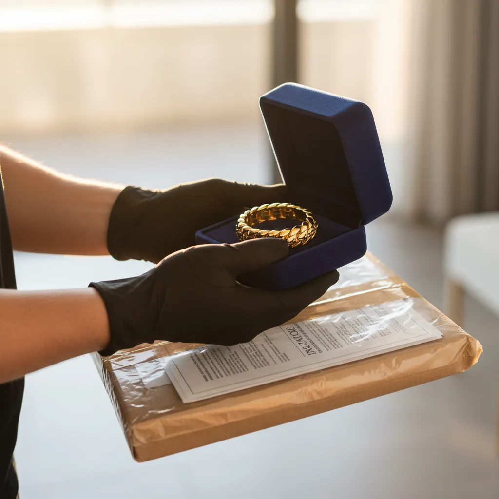 Femme ouvrant avec joie un colis contenant un bracelet en or